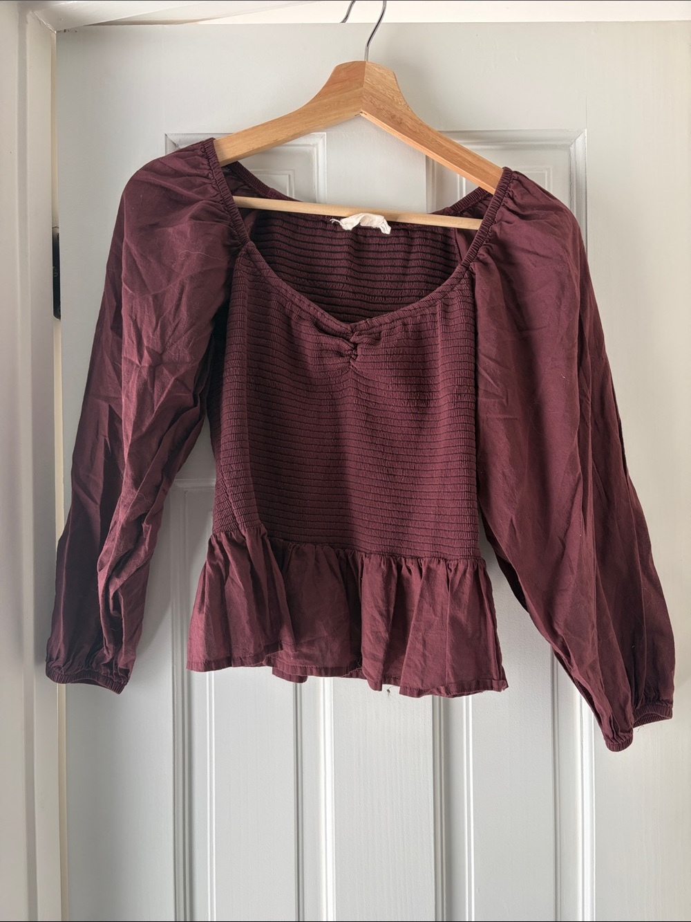 Nation LTD Burgundy Smocked Peplum Blouse with Puff Sleeves